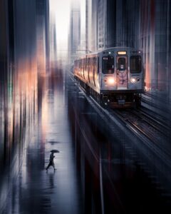 Dramatic cityscape with a fast-moving train and a commuter crossing in the rain at dusk.